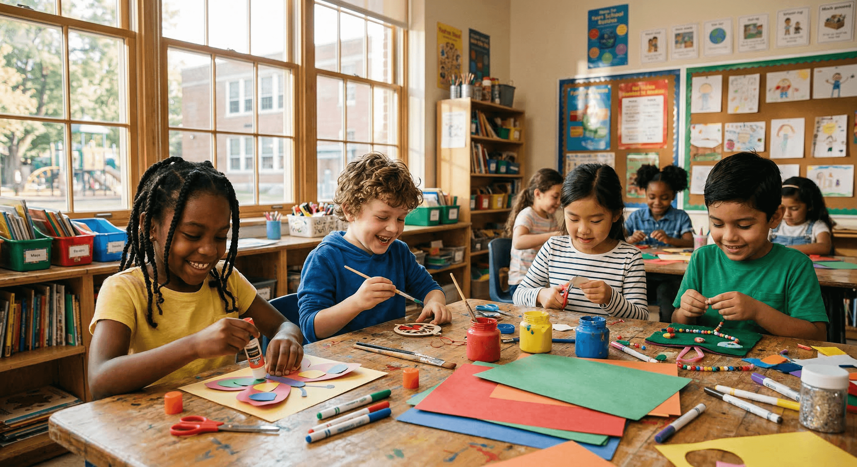 Craft table with orange wool, googly eyes, pencils, card stock, glue, pom-pom makers and scissors